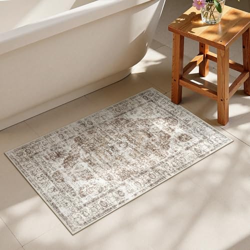 Uphome Boho Bathroom Rugs, Distressed Farmhouse Khaki Bath Mat, Comfy Velvet Small Bath Rugs Non Slip Washable, Vintage Oriental Toilet Rug for Sink Shower Vanity, 20x32 inch - color: Khaki/Red Brown, size: 20 x 32 inch (Rectangular)