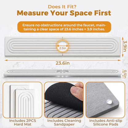 Diatomite Faucet Mat for Kitchen & Bathroom Sink Fast Drying Stone Splash Guard, Super Absorbent Sink Protector Prevents Moisture, Easy Clean Counter Tray (White--23.6"x3.9") - color: White--23.6"x3.9"