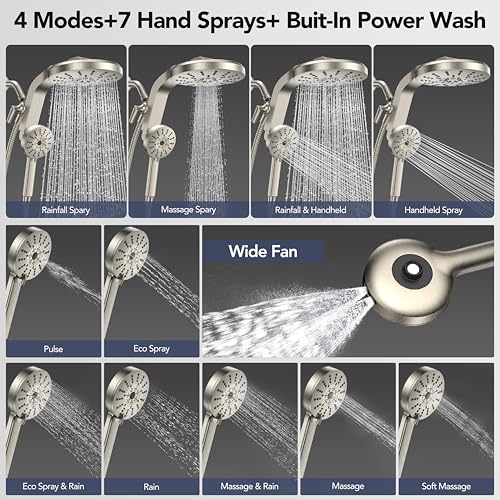 High Pressure Rain Showerhead Combo, Magnetic Shower Head Set with Detachable 8-Mode Handheld Shower Spray, Adjustable Angle Dual Showerhead with Built-in Magnetic Docking, Power Jets Brushed Nickel - color: Brushed Nickel