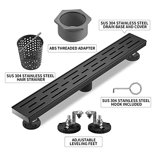 Linear Shower Drain, Matte Black Shower Drain 24 Inch with Removable Grate, SUS-304 Stainless Steel Rectangle Floor Drain with Leveling Feet and Hair Strainer, Bathroom Modern Drain SD-101 - color: Matte Black, size: 24 Inch