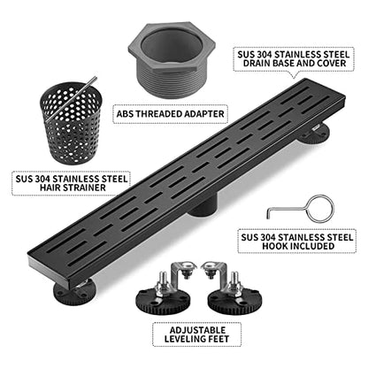 Linear Shower Drain, Matte Black Shower Drain 36 Inch with Removable Grate, SUS-304 Stainless Steel Rectangle Floor Drain with Leveling Feet and Hair Strainer, Bathroom Modern Drain SD-101 - color: Matte Black, size: 36 Inch