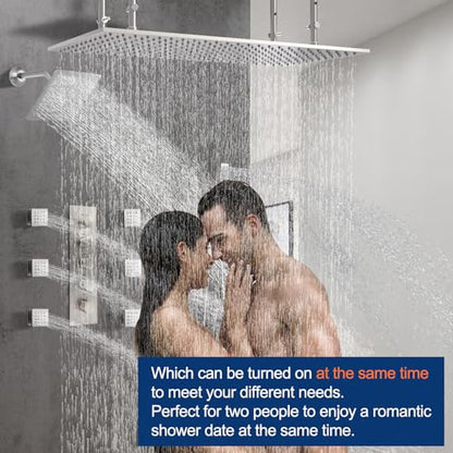 Dual Shower Heads System 16"x32" Ceiling Mount Rainfall and 6" Wall Mounted Shower Heads with 6 body Jets Thermostatic Shower Valve Full Body Shower System,Brushed Nickel - color: Brushed Nickel