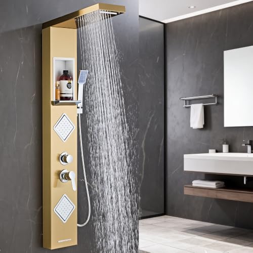 Shower Panel Tower System with Storage- Brushed Gold | 304 Stainless Steel 5-Function Shower Panel Faucet Set with Powerful Body Jets, Rainfall, Waterfall,Handheld and Tub Spout - color: Brushed Gold