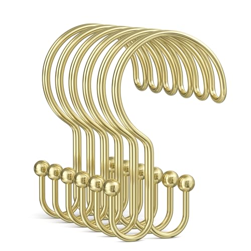 Bathway Gold Shower Curtain Hooks Ring, 12 Pcs Double Sided Shower Hooks, Rust Proof Metal Shower Hooks for Bathroom, Anti-Drop Shower Rings for Shower Curtain & Liners - color: Gold, style: Double-layer Shower Hooks