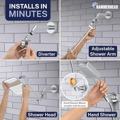 HammerHead® Solid Metal Dual Shower Head Combo — 8" Square Rain Shower Head with Handheld, 12" Adjustable Arm & Wall-Mount Holder for Flexible Installation — Chrome