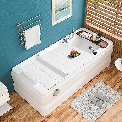 63x32in Bath Lid Cover Bathtub Tray, Foldable Bathtub Cover Bath Insulation Cover, PVC Dustproof Shutter Bath Lid fit Most Tubs, Can Hold Wine Glass, Books, Tablets, Cellphones - color: White, size: 63x31.5in
