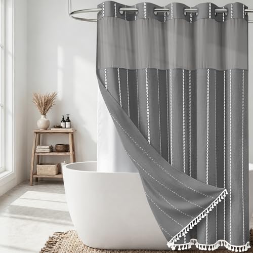 Charcoal Grey Ringless Boho Shower Curtain with Snap in Liner, 72x75 | Farmhouse Striped Tassel Design, Heavy Duty Linen Blend, 3 in 1 Vintage Shower Curtain, Waterproof, Washable, Mesh Top Window - color: Charcoal Grey, size: 72"W x 75"L (Pack of 1)