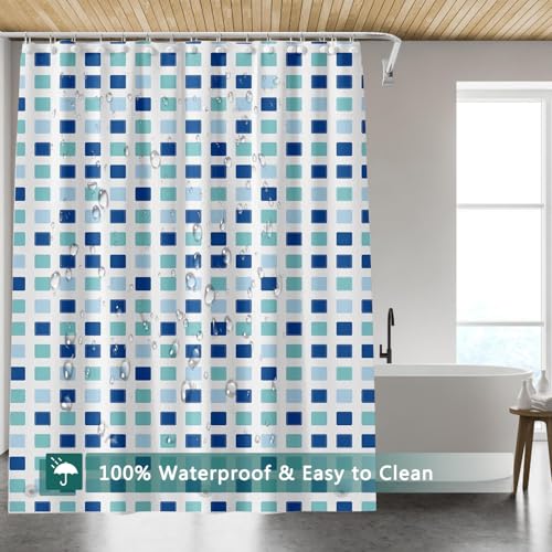 Shower Curtain Liner, 100% Waterproof Peva Shower Curtains with 3 Duty Heavy Bottom Magnets and 12 Rust Proof Grommets, 72x72 Weighted Shower Liner for Shower Stall, Bathtubs - color: Blue Green Square