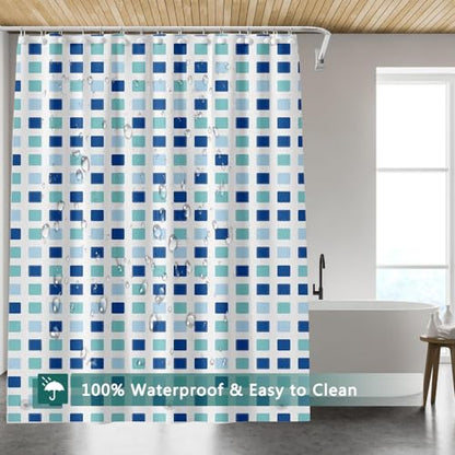 Shower Curtain Liner, 100% Waterproof Peva Shower Curtains with 3 Duty Heavy Bottom Magnets and 12 Rust Proof Grommets, 72x72 Weighted Shower Liner for Shower Stall, Bathtubs - color: Blue Green Square