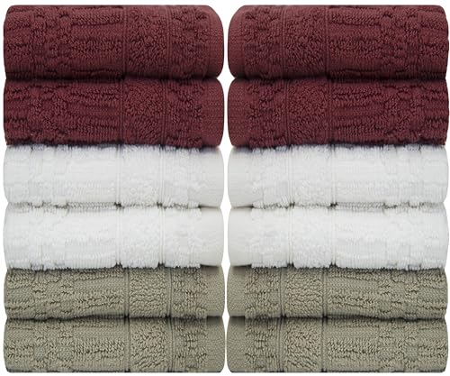 PH Pleasant Home Diamond Wash Cloths Set - 12 Pack (12” x 12”) – 509 GSM - 100% Ring Spun Cotton Wash Cloth - Super Soft and Highly Absorbent Face Towels (Maroon, White & Tan) - color: Maroon, White & Tan, style: Diamond