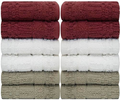 PH Pleasant Home Diamond Wash Cloths Set - 12 Pack (12” x 12”) – 509 GSM - 100% Ring Spun Cotton Wash Cloth - Super Soft and Highly Absorbent Face Towels (Maroon, White & Tan) - color: Maroon, White & Tan, style: Diamond