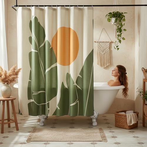 Tropical Leaves Linen Boho Shower Curtain Set with Liner,72" Wx72 L | Double Layer Shower Curtain Waterproof Fabric with Zippered Removable PEVA Liner,Boho Shower Curtain for Bathroom,Free Hooks - color: Banana Leaf
