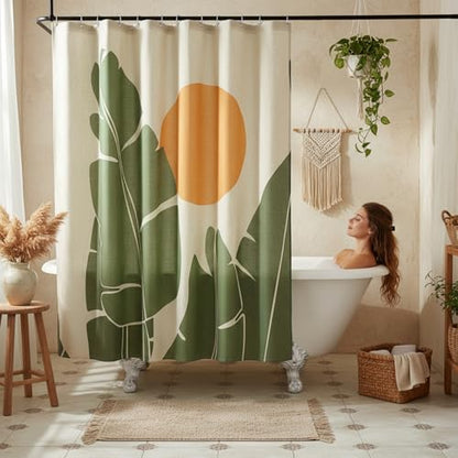 Tropical Leaves Linen Boho Shower Curtain Set with Liner,72" Wx72 L | Double Layer Shower Curtain Waterproof Fabric with Zippered Removable PEVA Liner,Boho Shower Curtain for Bathroom,Free Hooks - color: Banana Leaf