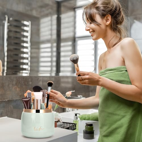 360º Rotating Toothbrush Holder with Cover, Dustproof Waterproof Cosmetic Organizer, 7-Slot Bathroom Countertop Organizer with Drainage for Makeup Brushes, Electric Toothbrushes, Toothpaste - color: Green