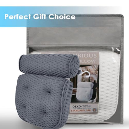 AEROiVi Luxury Bath Pillows for Tub Soft Mesh Strong 6 Suction Cups Gray | Bath Pillow with laundry bag head and neck support Relaxing Bath Washable Quick-Dry Bath Accessories Spa Gifts - color: Gray