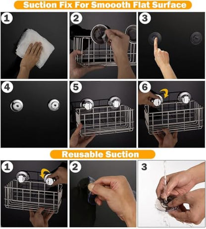 Strong Suction Cups Deep Shower Caddy Bath Shelf Rust-Free Stainless Steel Basket Shampoo Conditioner Holder for Bathroom Kitchen Tidy Organizer