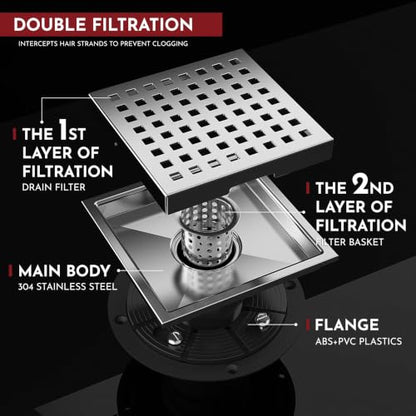 6 Inch Square Shower Floor Drain with Flange,Quadrato Pattern Grate Removable,Food-Grade SUS 304 Stainless Steel,Watermark&CUPC Certified,Brushed - color: Brushed, size: 6 Inch