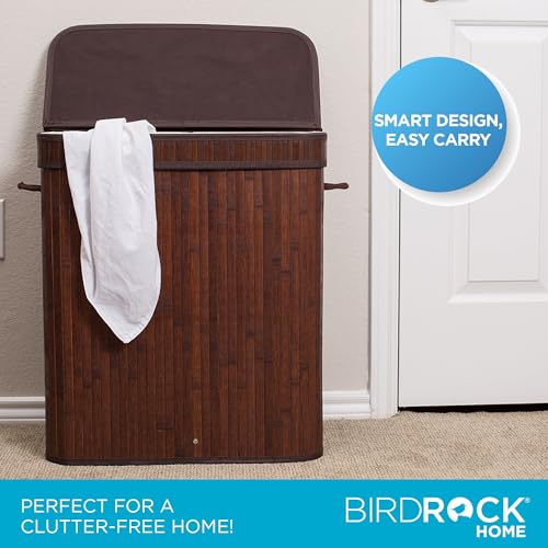 BirdRock Home Double Laundry Hamper with Lid and Cloth Liner | Bamboo | Espresso | Easily Transport Laundry Basket | 2 Section Collapsible Hamper | String Handles