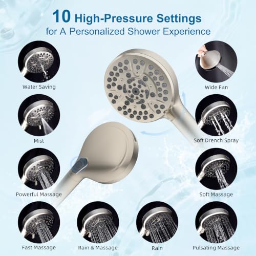 Hibbent Metal 12" High Pressure Rain Shower Head Combo, Brushed Nickel | cUPC Certified Rainfall Shower Head with handheld 10 Sprays, 16'' Adjustable Extension Arm, 71'' Hose, Showerhead Holder - color: Brushed Nickel, style: Square 12''
