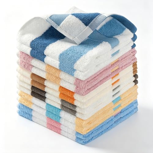 12 Pack Striped Wash Cloths, 13.4” x 13.4”inches 100% Cotton Absorbent Soft Wash Cloths for Showering Bathroom, Kitchen, Gym, Face - 6 Colors