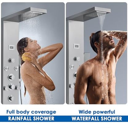 ROVOGO Shower Panel Tower System with 6 Shower Modes, Simultaneous Function | Rainfall Waterfall Shower Head, 2-Type Body Jets, Handheld, Tub Spout, Battery Powered Temp Display, Stainless Steel, Brushed