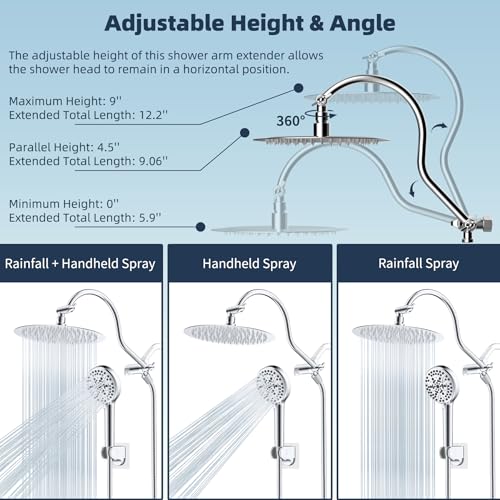Hibbent All Metal CUPC Certified Shower Head, 10'' High Pressure Rainfall Shower Head, Handheld Showerhead Combo with 12'' Adjustable Extension Arm, 10-Spray, 71'' Shower Hose, Shower Holder, Chrome - color: Chrome, style: Round 10''