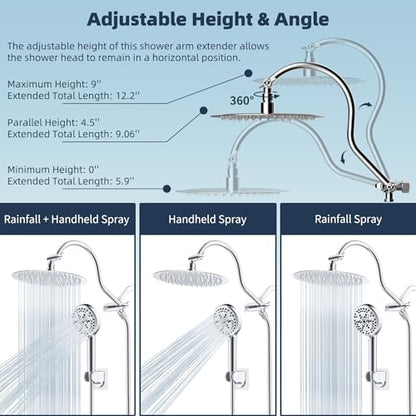 Hibbent All Metal CUPC Certified Shower Head, 10'' High Pressure Rainfall Shower Head, Handheld Showerhead Combo with 12'' Adjustable Extension Arm, 10-Spray, 71'' Shower Hose, Shower Holder, Chrome - color: Chrome, style: Round 10''