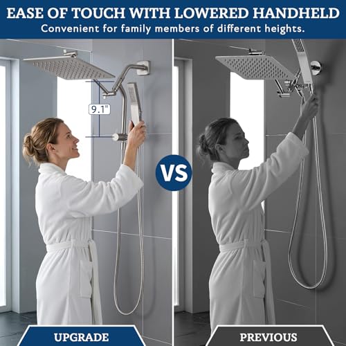 G-Promise Metal Shower Diverter with Low Handheld Holder (Brushed Nickel) | 10 Inch Downward-Extend Bracket for All Heights, 4 Spray Modes with Pause, Anti-Leak, Easy Install, Universal Replacement - color: Brushed Nickel, size: Lower 9 Inch