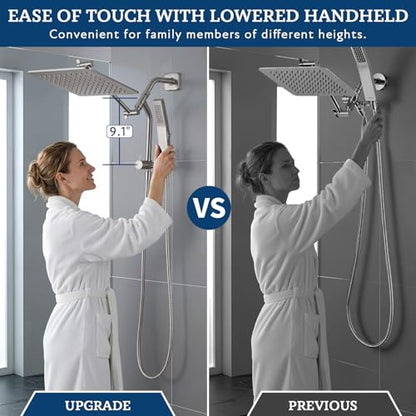 G-Promise Metal Shower Diverter with Low Handheld Holder (Brushed Nickel) | 10 Inch Downward-Extend Bracket for All Heights, 4 Spray Modes with Pause, Anti-Leak, Easy Install, Universal Replacement - color: Brushed Nickel, size: Lower 9 Inch