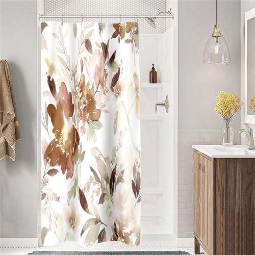 Small Stall Shower Curtain 36x72 Inch Half Narrow Size Brown Floral Decor | Modern Abstract Flower Fabric Bathroom Shower Curtain Set with Hooks - color: Brown, size: 36"W x 72"L (Pack of 1)