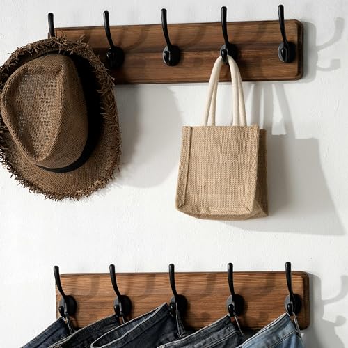 SKOLOO Rustic Wall Mounted Coat Rack, Case of 2, Pine Solid Wood Coat Hook Hanger - 5 Hooks for Hanging Clothes Robes Towels Coats - color: Brown Plate & Black Hook, size: 2 Item-5 Hooks