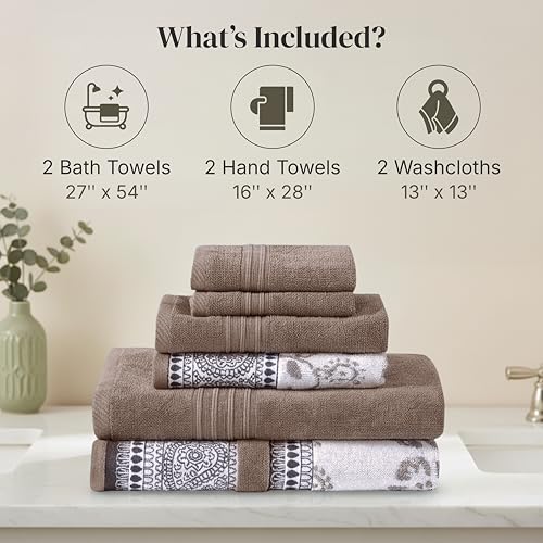 Modern Threads 6 Piece Bath Towel Set – Bathroom Set with 2 Bath Towels, 2 Hand Towels, and 2 Wash Cloths – 100% Cotton, Super Absorbent & Extra Soft – Reversible Floral Trail (Taupe Brown) - color: Taupe Brown