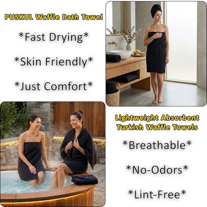 PÜSKÜL 2-Piece Natural 100% Turkish Cotton Waffle Bath Towels Extra-Large | Black, 32x63" Bath Sheet Towel, Light Soft Absorbent Quick-Dry Lint-Free Premium Honeycomb Weave Oeko-Tex Made in Turkiye - color: Black, size: Bath Towels - Pack of 2