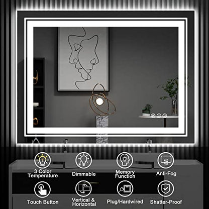 Snowdool 40 x 32 in LED Bathroom Mirror, Front and Backlit, Anti-Fog | Front and Backlit, Stepless Dimming, Anti-Fog, Memory Function - size: 40"L x 32"W
