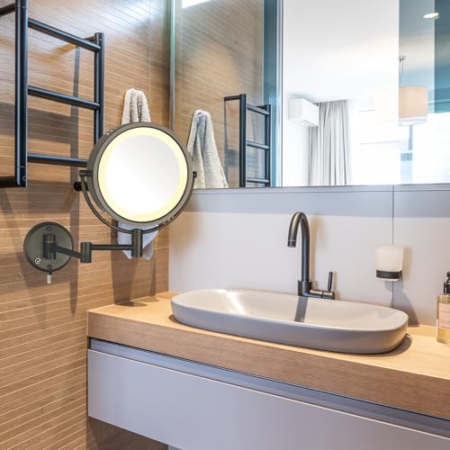 JERDON Lighted Wall-Mount Makeup Mirror - 8X - Bronze - HL75BZ | 8.5" Diameter, 13.5" Wall Arm, LED Lighting, Corded Plug-In Power