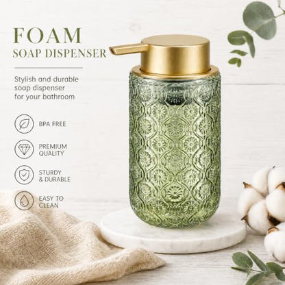 Green and Gold Glass Foaming Hand Soap Dispenser | Matte Gold Pump Embossed Glass Bottle Refillable Bathroom Kitchen Decor 13.5 oz - color: Green and Gold