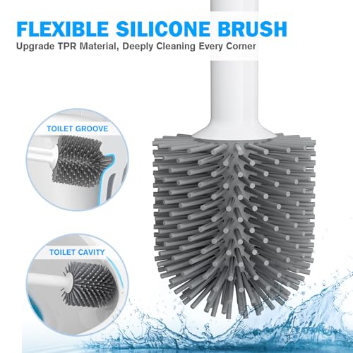Toilet Plunger and Brush Set, 2 Pack Silicone Bowl Brush and Heavy Duty Toilet Plunger with Ventilated Holder, 2-in-1 Toilet Brush and Plunger Combo for Bathroom Deeply Cleaning (White & Grey)