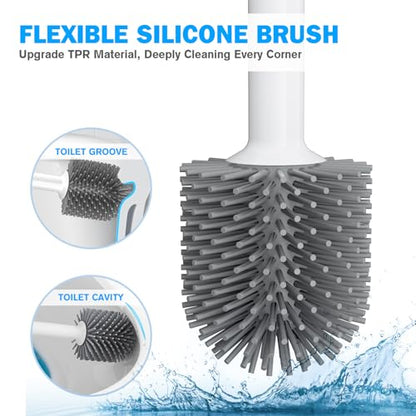 Toilet Plunger and Brush Set, 2 Pack Silicone Bowl Brush and Heavy Duty Toilet Plunger with Ventilated Holder, 2-in-1 Toilet Brush and Plunger Combo for Bathroom Deeply Cleaning (White & Grey)