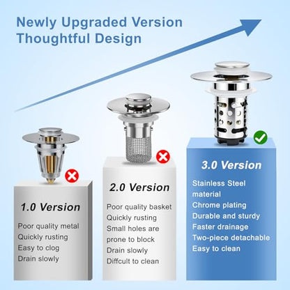 Upgraded 3 in 1 Bathroom Sink Drain Strainer, Universal Pop Up Stopper with Removable Stainless Steel Filter Basket Hair Catcher, Sink Plug for 1.1''~2.36'' Basin, Polished Chrome (2PC) - style: Polished Chrome (2PCS)