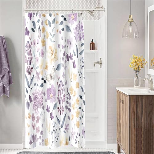 Small Stall Shower Curtain 36 x 72 Inch, Half Narrow Purple Floral Decor | Lavender Watercolor Wildflower Boho Vintage Trendy Fabric Shower Curtain Set with Hooks - color: Purple, size: 36"W x 72"L (Pack of 1)