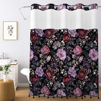 Moody Floral Shower Curtain with Snap in Liner & Tassels, 71Wx77L | No Hook Needed, Double Layer Waterproof Fabric with Mesh Top, Dark Botanical Flower Design for Modern Bohemian Style Bathroom - color: Noble Flowers
