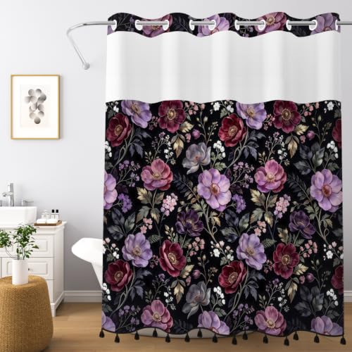 Moody Floral Shower Curtain with Snap in Liner & Tassels, 71Wx77L | No Hook Needed, Double Layer Waterproof Fabric with Mesh Top, Dark Botanical Flower Design for Modern Bohemian Style Bathroom - color: Noble Flowers