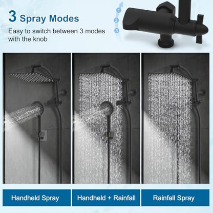 Hibbent All Metal 10" High Pressure Rain Shower Head Combo, Matte Black | cUPC Certified Rainfall Shower Head with handheld 10 Sprays, 16'' Adjustable Extension Arm, 71'' Hose, Showerhead Holder - color: Matte Black, style: Square 10''