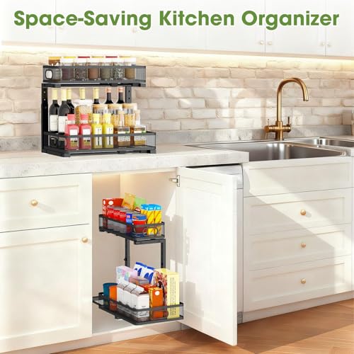Under Sink Organizer 2-Pack, Metal 2-Tier Pull-Out Cabinet Shelf with Slide-Out Mesh Drawers, Height Adjustable, Space-Saving Under Sink Storage Racks for Kitchen, Bathroom, Laundry Room - color: Black