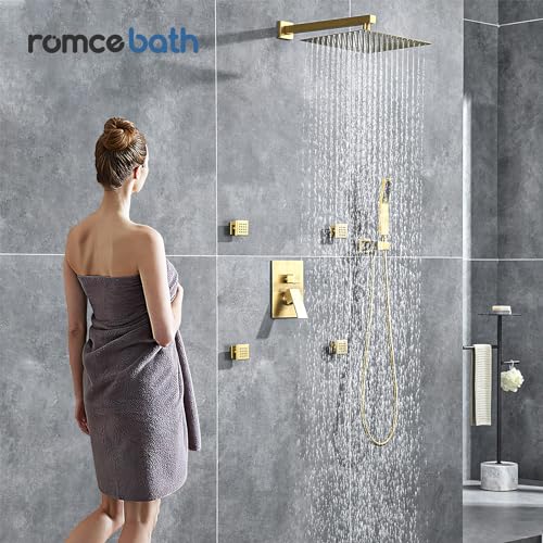 Rain Shower System With Complete 4 Pcs Body Sprays Jets And Pressured Balance Rough-in Valve,12Inch Rainfall Shower Head And Handheld, Modern Brushed Gold Wall Mount Shower Faucets Sets - color: Brushed Gold, style: Wall-Mounted 4 Jets