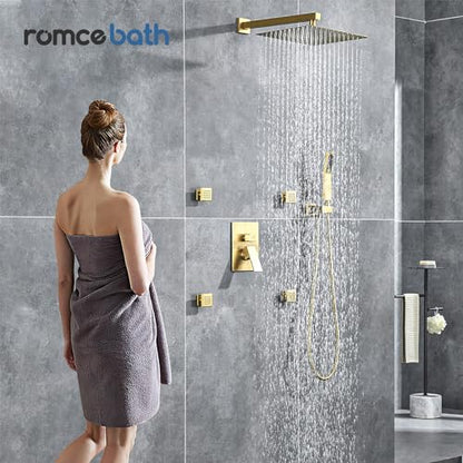 Rain Shower System With Complete 4 Pcs Body Sprays Jets And Pressured Balance Rough-in Valve,12Inch Rainfall Shower Head And Handheld, Modern Brushed Gold Wall Mount Shower Faucets Sets - color: Brushed Gold, style: Wall-Mounted 4 Jets