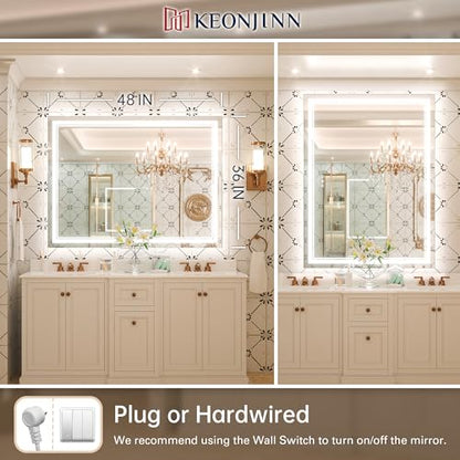 Keonjinn 48 x 36 Inch LED Bathroom Mirror with Lights, Frontlit and Backlit | HD Tempered Glass, Separately Frontlit/Backlit, Double Light Strips, Stepless 3 Colors Temperature & Dimmable, Fast Defogging - size: 36"L x 48"W