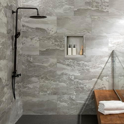 Palisade 17.5 in x 15.5 in Vinyl Shower Niche Smoky Sky/Urban Slope | Waterproof Shower Insert - color: Smoky Sky/Urban Slope