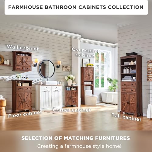 67" Tall Farmhouse Over The Toilet Storage Bathroom Cabinet, Brown | Double Barn Doors, Adjustable Shelf, Open Cubby, Weathered Finish - color: Brown