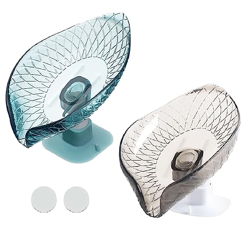 2 Pack Bar Soap Dish Self Draining Soap Holder with Drain for Shower Leaf Shape Soap Holder Sponge Container with Suction Cup for Bathroom Kitchen (Blue+ Gray) - color: Blue+gray
